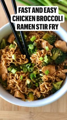 chicken broccoli ramen stir fry in a white bowl with chopsticks