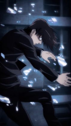 an anime character with black hair and dark clothes, holding his arms out in front of him