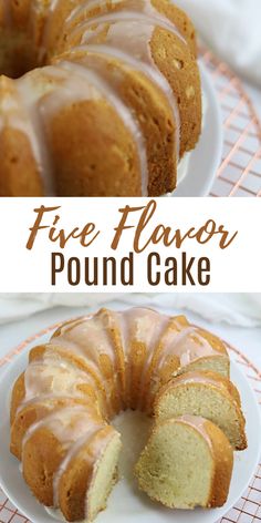 a bundt cake with frosting on top and the words, five flavor pound cake