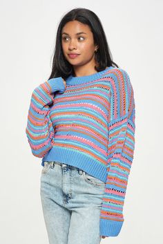 This stylish Pullover sweater features a bright stripe color combination. It is sure to keep you warm during chill spring mornings well into the fall and winder days. Trendy Knit Sweater With Horizontal Stripes, Winter Striped Color Block Sweater, Striped Color Block Sweater For Winter, Casual Striped Knitted Sweater, Knit Sweater With Horizontal Stripes And Crew Neck, Knit Crew Neck Sweater With Horizontal Stripes, Trendy Striped Knitted Sweater, Striped Crew Neck Sweater For Spring, Striped Crew Neck Cropped Sweater For Winter