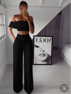 Celana Fashion, Wide Leg Pant Suit, Colorful Jumpsuit, Off Shoulder Crop Top, Ruffle Shirt, Graduation Outfit, Cropped Tops, Long Crop Top, Pantalon Large