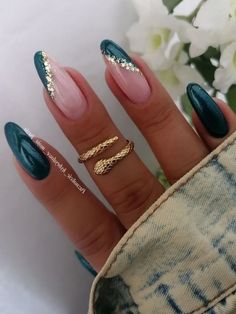 Nagel Pink, Green Ombre Nails, Emerald Nails, Nagel Design, Nagel Tips, Colorful Nails, Gold Nail, Makijaż Smokey Eye, Nagel Inspo