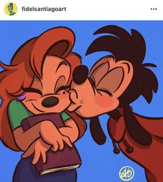 a cartoon character kissing another character on the cheek