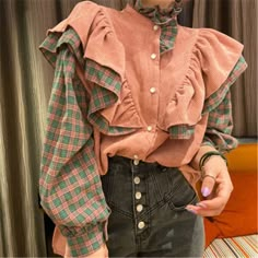 Patchwork Shirts Women, Women Tops Design, Mode Abaya, Chic Blouses, Mode Casual, Shirts Women, Tops Fall, Women Tops, Aesthetic Clothes