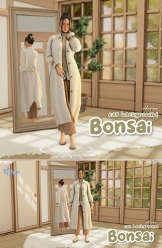 an animated woman standing in front of a mirror with her hand on her hip and the words bonsa above it