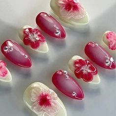 Flowers Red 3D Press on Nails Medium Almond Glue on Nail Kit False Fake Nails With Charms Trendy Design - Etsy Nail Inspo Medium Length, Mail Sets, Press On Nails Design, Basic Nail, Nail Flower, Nails Flower, Medium Almond, Nail Type, Pretty Gel Nails