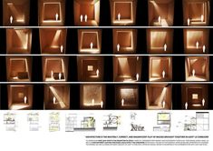 an image of different rooms in the same room with light coming from them and people standing around