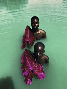 two young men in the water with large red leaves on their backs, one holding a flower