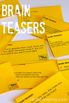 yellow post it notes with the words brainteasers written on them in white