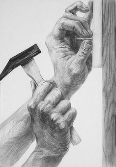 a pencil drawing of two hands holding a hammer