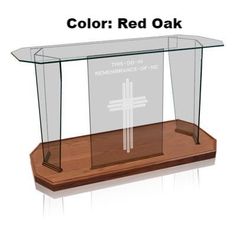 a glass table with a cross on it and the words color red oak in white lettering