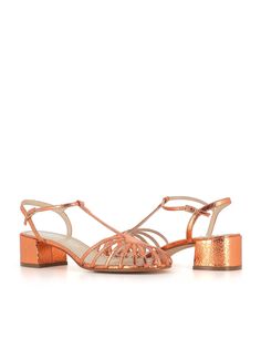 Copper craquelé leather T-bar Sandal from Antonio Barbato, featuring a pointed toe and a side buckle fastening. Leather sole. Heel: 5 cmComposition: Leather Party Heels With Penny Strap And Block Heel, Party Heels With Penny Strap And Low Heel, Party Penny Strap Low Heels, Italian Shoes, Marine Serre, Sneaker Wedge, Luxury Shop, Shop Sandals, Manolo Blahnik