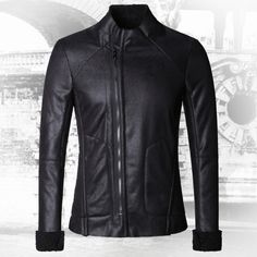 Men's Winter PU Leather Jacket With Wool Fur Lining - Zorket Fitted Faux Leather Jacket For Winter, Fitted Faux Leather Winter Outerwear, Fitted Faux Leather Outerwear For Winter, Winter Leather Biker Jacket With Stand Collar, Black Fitted Faux Leather Outerwear, Fitted Black Faux Leather Outerwear, Fitted Leather Outerwear With Stand Collar, Winter Biker Jacket With Stand Collar For Work, Winter Fitted Faux Leather Biker Jacket