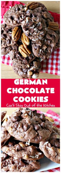 german chocolate cookies are stacked on top of each other