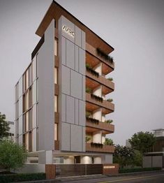 an apartment building with balconies and plants growing on the windows is shown in this rendering