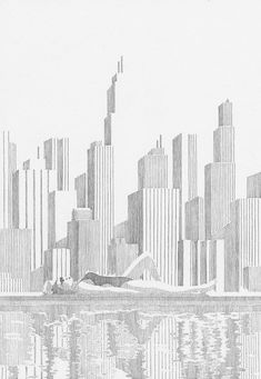 a pencil drawing of a city with skyscrapers in the background and water reflecting on the ground