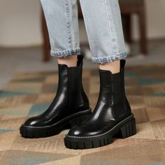 Vanessa's Genuine Leather Platform Ankle Boots Slip On Long Boots - Black-200004890,5 Winter Chelsea Boots, Thick Heel Boots, Chunky Chelsea Boots, Winter Shoes For Women, Chelsea Boots Women, How To Stretch Boots, Beige Shoes, Genuine Leather Shoes, Platform Ankle Boots