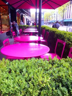 pink tables and chairs are lined up under an umbrella on the sidewalk in front of some bushes