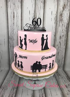 a pink cake decorated with silhouettes of people and the number 60 is on top