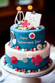 a birthday cake decorated with medical symbols and the words happy retirement doc