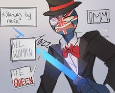 a drawing of a man in a top hat and suit holding a blue light saber