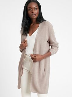 Washable Merino-Blend Long Cardigan Sweater | Banana Republic Spring Merino Wool Long Sleeve Outerwear, Spring Long Sleeve Merino Wool Outerwear, Spring Merino Wool Long Sleeve Sweater Coat, Long Sleeve Merino Wool Sweater Coat For Spring, Spring Merino Wool Everyday Sweater, Casual Merino Wool Outerwear For Spring, Casual Spring Merino Wool Outerwear, Versatile Knit Outerwear With Relaxed Fit, Casual Spring Merino Wool Cardigan