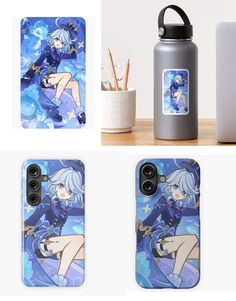 four different cases with anime characters on them, one is blue and the other has blonde hair