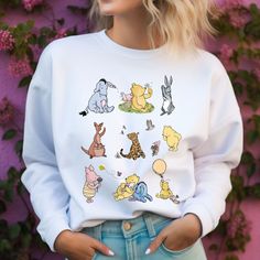 Indulge in the sweetness of nostalgia with our cozy sweatshirt featuring the oh so cute vintage Winnie the Pooh bear and along with his friends, Piglet, Tigger, Eeyore and more.  This sweater is sure to bring a sense of nostalgia to your day. Made from soft, high-quality fabric, this sweatshirt is perfect for keeping warm and comfortable, whether you're lounging at home, out for a casual day, or just want to add a touch of whimsy to your wardrobe. The vintage-inspired artwork captures the timele Classic Pooh Bear, Tigger Eeyore, Classic Pooh, Cottagecore Shirt, Vintage Winnie The Pooh, Pooh Bear, Sweater Vintage, Keep Warm, Cut And Style