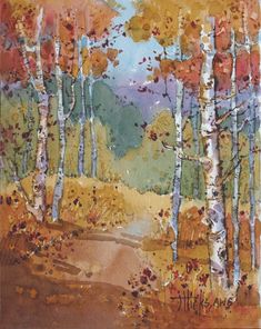 a watercolor painting of trees in the fall