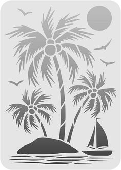 a palm tree and sailboat on an island in the ocean with birds flying around