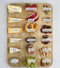 a wooden cutting board topped with lots of different types of cheeses and fruits on it