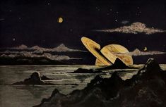 an illustration of two saturns floating in the sky over mountains and water at night