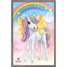 a painting of a unicorn with a rainbow in the background