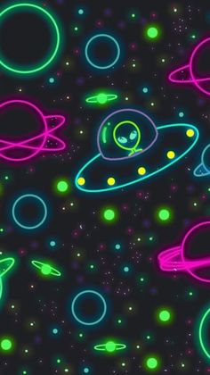 an image of neon lights and planets in the night sky with stars on it, as well as circles