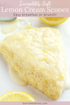 a lemon cream scones is shown with the words, incredibly soft lemon cream scones easy breakfast or brunch