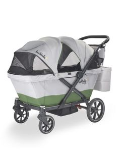 a baby stroller with a white and green cover on the side, sitting in front of a white background