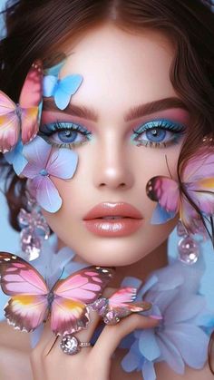 a beautiful woman with butterflies on her face and blue eyes, wearing butterfly wings around her neck