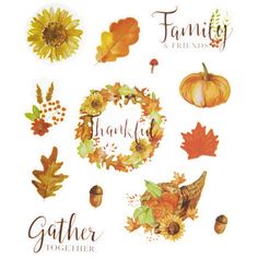 a bunch of fall leaves and acorns with the words family and friends on them