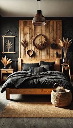 a bedroom with wood paneling and black bedding in the center is a wooden headboard that has wreaths hanging on it