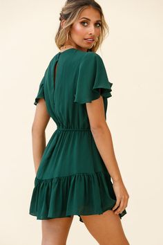 Forest green dress  Partially lined  Angel sleeves  Drawstring at waist  Ruffle trim detail  Zipper in back   Breeze through your day in style in our Forever Free dress. We love its chic but comfortable design and that gorgeous ruffle detail. Perfect for the office or Saturday catch-ups with your bestie. Team it with some knee-high boots and a tote for a cute look. Forest Green Dress, Drawstring Waist Dress, Forest Green Dresses, Free Angel, Free Dress, Yellow Bridesmaid Dresses, Yellow Bridesmaids, Angel Sleeves, Angel Sleeve