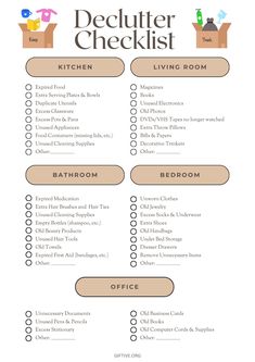 the printable checklist is shown for each room in the house, and includes items to choose from