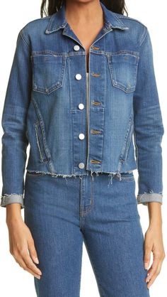 L'AGENCE Janelle Raw Cut Slim Denim Jacket | Nordstrom Best Travel Clothes, So Susie, Travel Clothes Women, Slim Denim, Leather Biker Jacket, Pleated Pants, Sweater Set, Travel Outfit, Biker Jacket