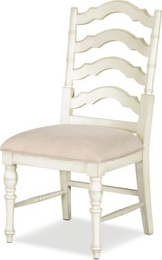 a white wooden chair with a beige cushion on the seat and backrest, against a white background