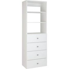 a white bookcase with three drawers