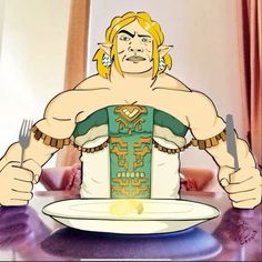 a cartoon man sitting at a table with a plate and fork in front of him