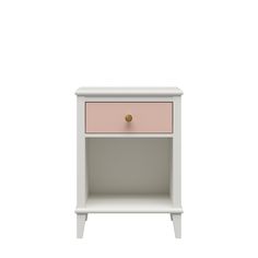 a white and pink nightstand with two drawers on each side, against a white background