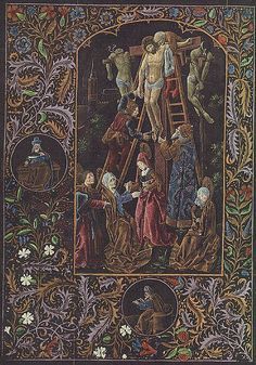 an old book with a painting of people on the cross and other figures around it