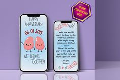 two cell phones with happy anniversary messages on them next to the same phone screen,