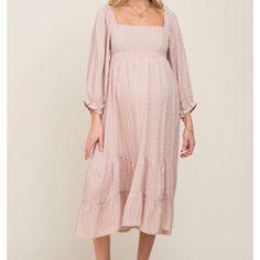 Pink Blush Nwt Maternity Midi Dress Featuring A Squared Neckline, 3/4 Cinched Sleeves, A Partially Smocked Back, And A Tiered Hem. Size Large Color Beige. Chic Midi Maternity Dress For Brunch, Spring Ruched Dress With 3/4 Sleeve, Spring Midi Maternity Dress, Feminine Maternity Dress With Smocked Back, Elegant Ruched Maternity Dress For Spring, Spring Long Sleeve Flowy Maternity Dress, Spring Maternity Dress With Square Neck, Chic Long Sleeve Maternity Midi Dress, Pink Long Sleeve Maternity Dress For Spring