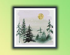 a cross stitch picture with pine trees in the foreground and a yellow dot above it